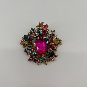 Vintage Style Large Multicolor Rhinestone Brooch Pink Center Gold Tone Floral
